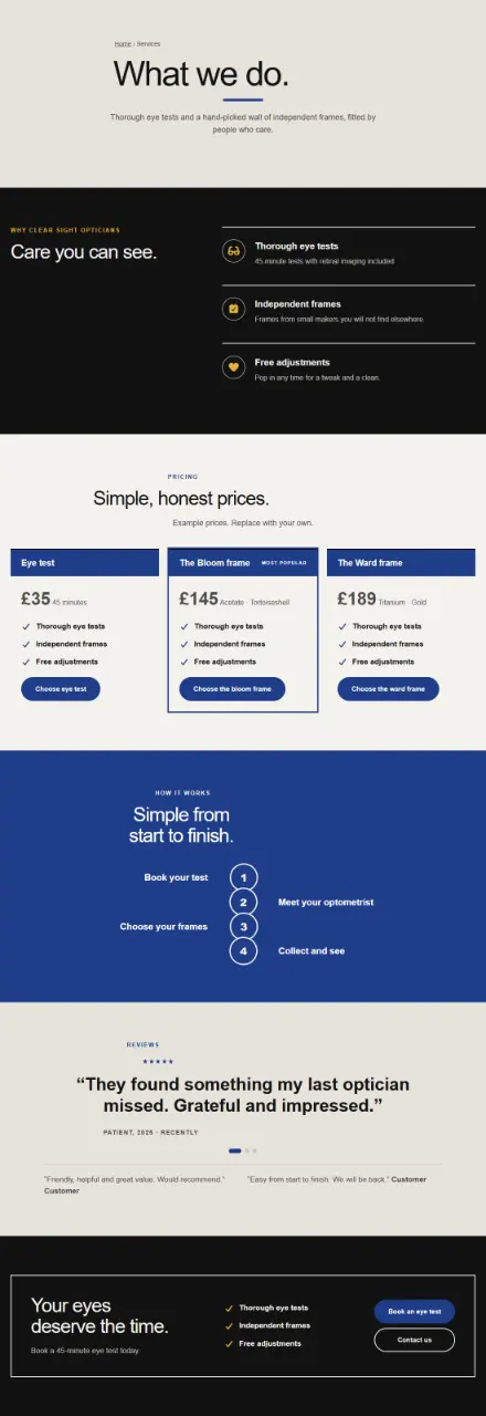 Screenshot of Optician · Services