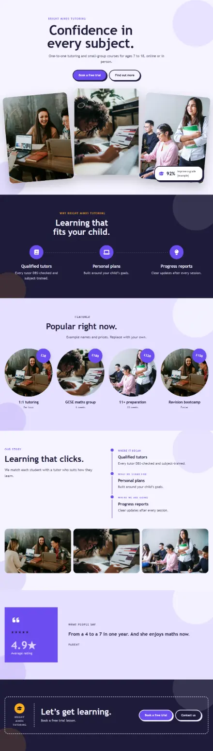 Screenshot of Tutoring · Home page